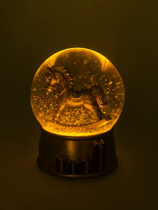 Снежный шар, 10 см, с подсветкой, стекло/полирезин, золотистый, Лошадка-качалка, Golden style, image-4
