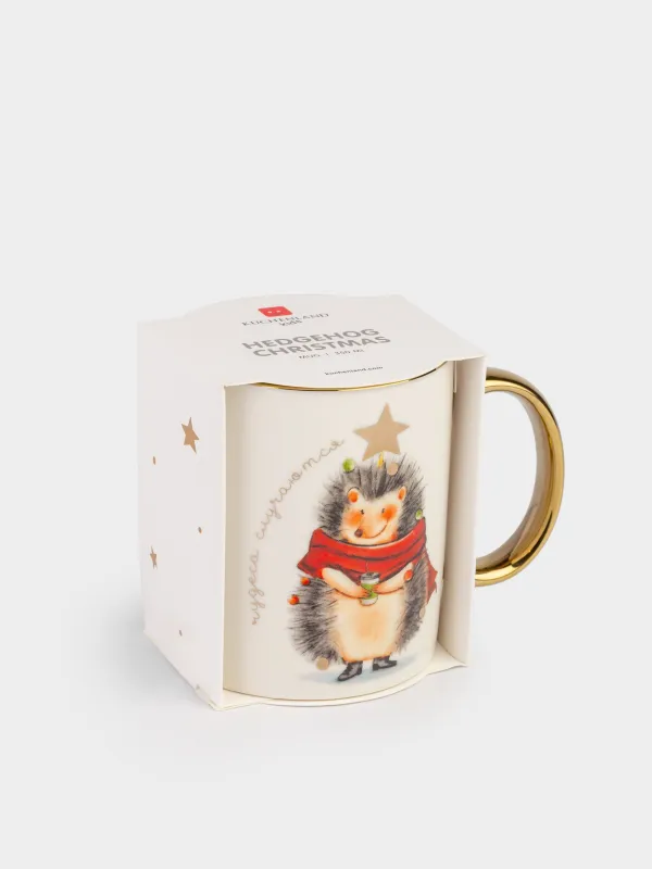 Кружка, 350 мл, фарфор N, бело-золотистая, Ежик со звездой, Hedgehog christmas, image-4