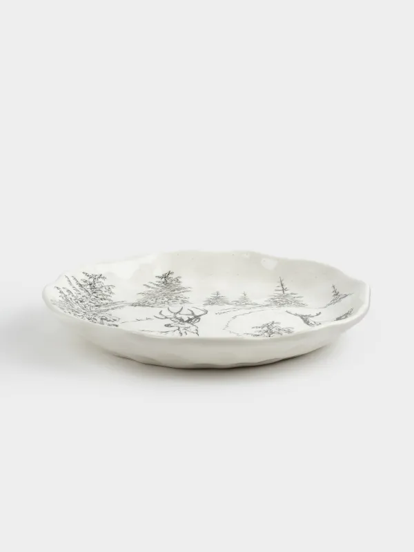 Тарелка закусочная, 23 см, керамика, белая, Олени в лесу, Crumple print, image-2