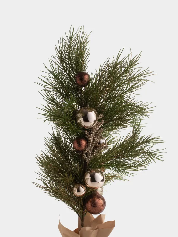 Композиция новогодняя, 70 см, в крафте, Хвоя и шары, Conifer champagne, image-1