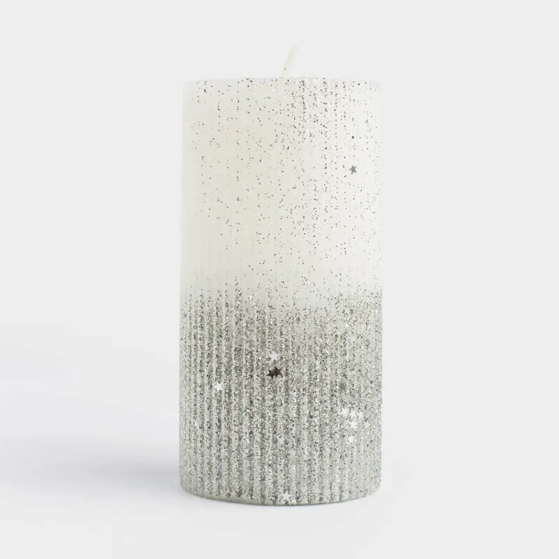 Свеча, 15 см, цилиндрическая, с блестками, бело-серебристая, Metallic glow