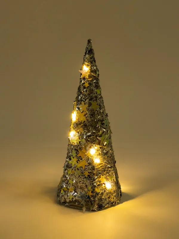 Ель-конус, 20 см, с подсветкой, полиэстер/металл, серебристая, Звезды, Frosty sparks, image-4