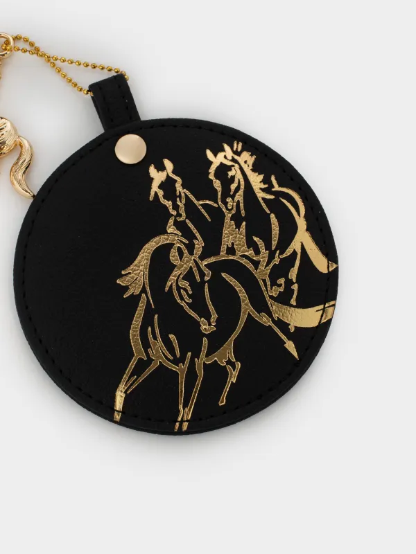 Зеркало карманное, 7 см, полиуретан/стекло, черное, Лошади, Stationery horse, image-3