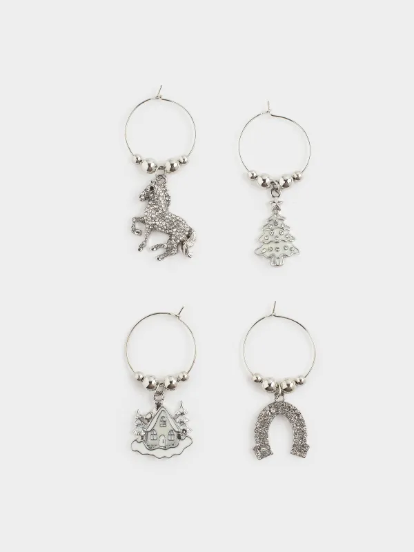 Подвеска для бокала, 4 шт, металл/бусины, серебристая, Новогодние символы, Christmas time, image-0