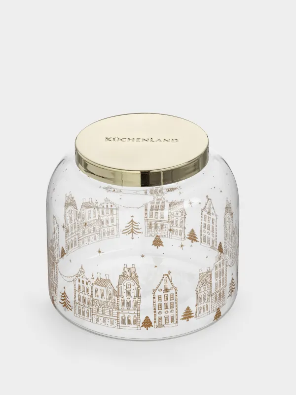 Банка для сыпучих продуктов, 950 мл, стекло/металл, Золотистые домики, Snow sparks, image-1