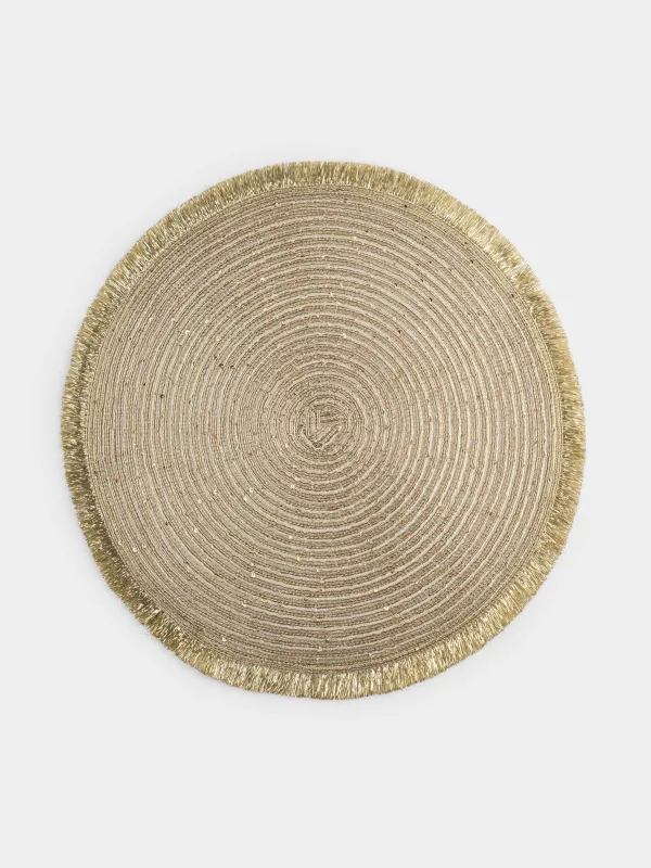 Салфетка под приборы, 38 см, с бахромой и пайетками, полиэстер, круглая, золотистая, Rotary shine, image-0