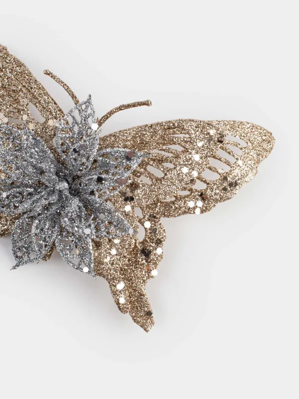 Украшение декоративное, 16 см, на клипсе, пластик, шампань, Бабочка с цветком, Flower decor, image-3