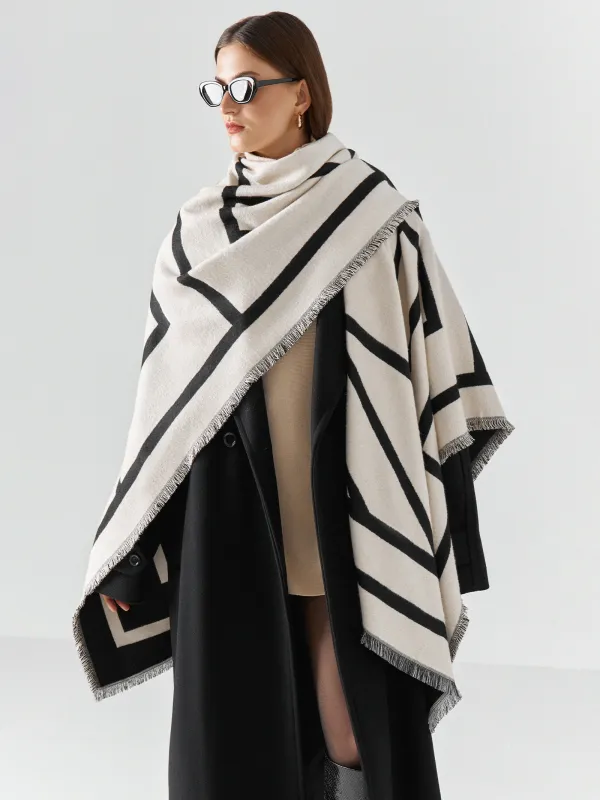 Пончо с бахромой, двустороннее, молочно-черное, Poncho, image-9