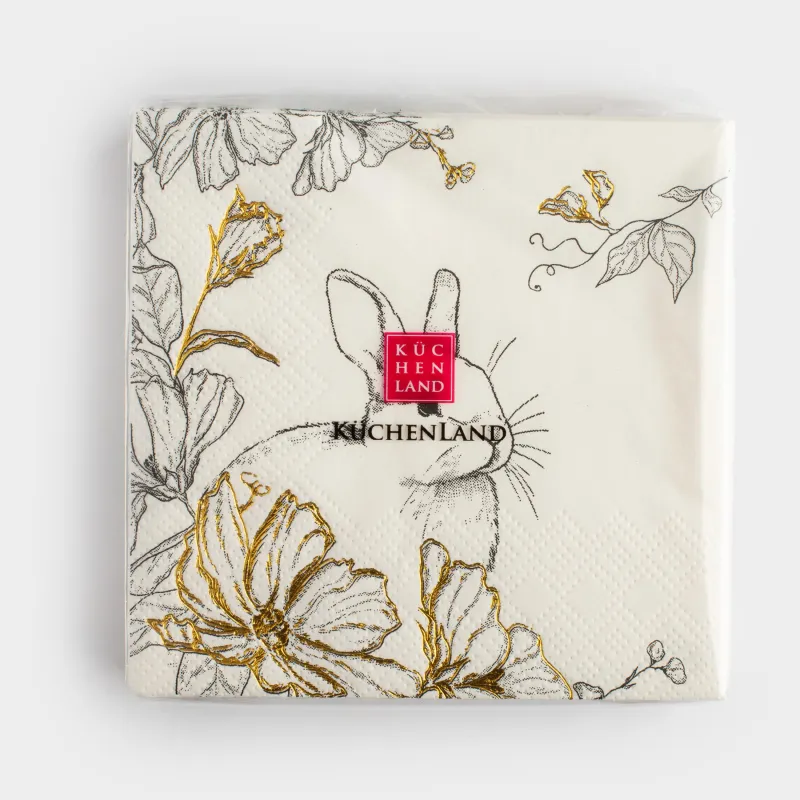 Салфетки бумажные, 21х21 см, 20 шт, квадратные, белые, Кролик и цветы, Peony gold, image-3