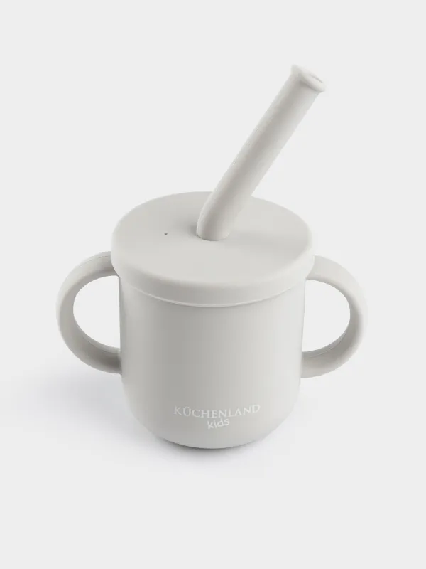 Поильник, детский, 150 мл, с ручками, с трубочкой, силикон, серый, Kiddy, image-1