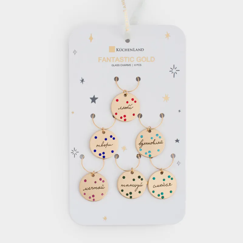 Подвеска для бокала, 6 шт, металл/стразы, золотистая, Пожелания на медальоне, Т Fantastic gold, image-3