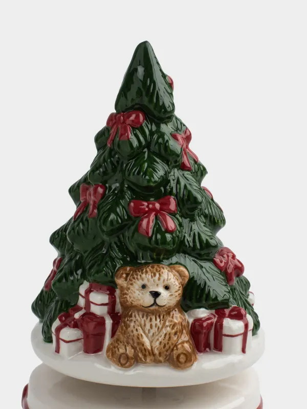 Статуэтка музыкальная, 17 см, заводная, керамика, Мишка и лошадка у ели, Christmas traditions, image-1