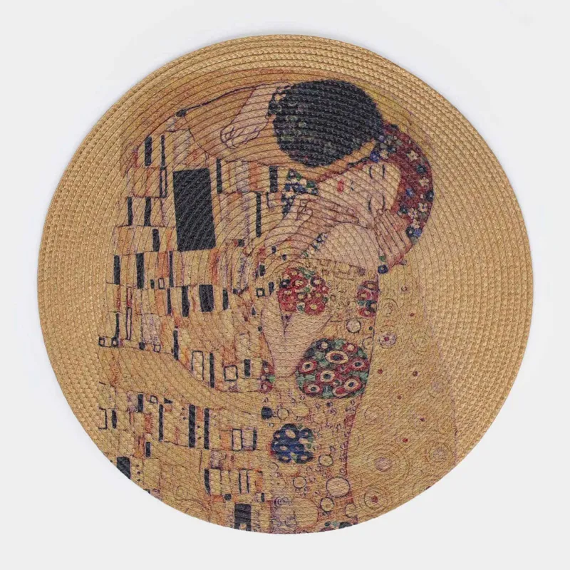 Салфетка под приборы, 38 см, полипропилен/ПЭТ, круглая, золотистая, Поцелуй, Климт, Circle print