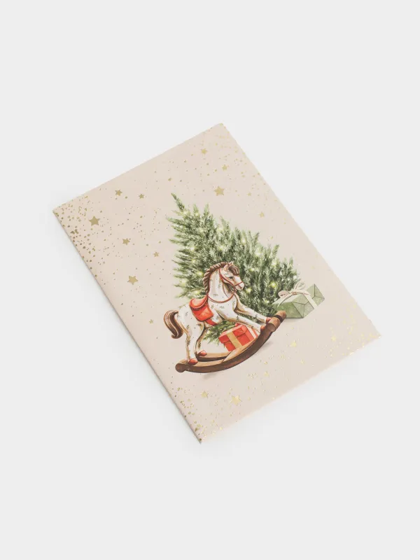 Открытка подарочная, 12х17 см, бумага, белая, Лошадка с елкой, Christmas horse, image-2