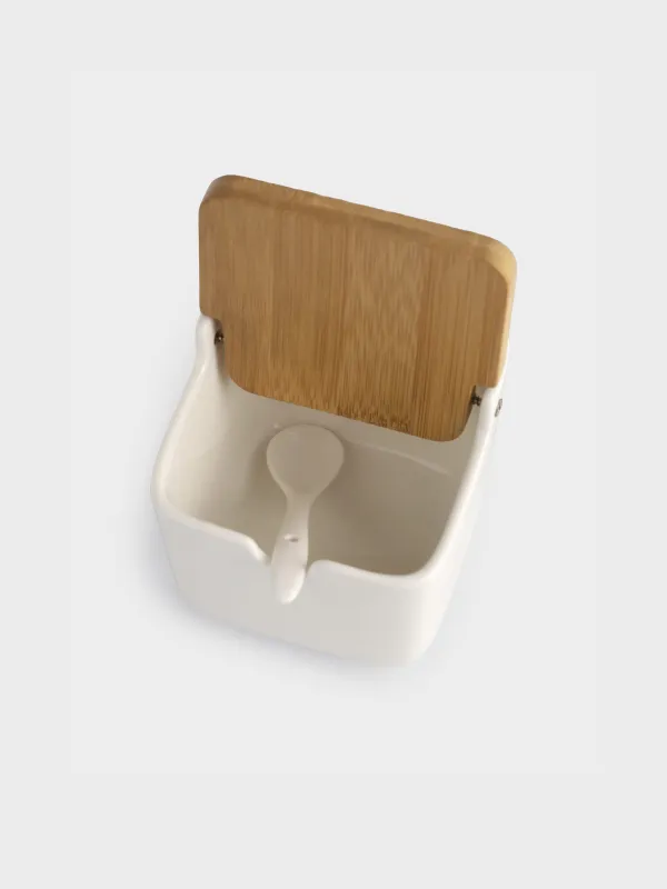 Банка для сыпучих продуктов, 250 мл, с ложкой, фарфор P/бамбук, белая, Keep, image-4