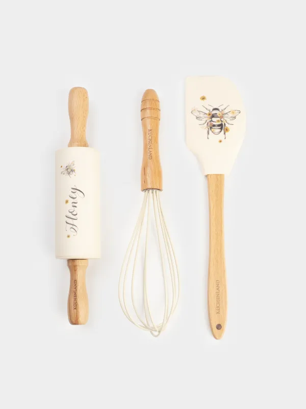 Набор для выпечки, 3 пр, лопатка/венчик/скалка, силикон/дерево, бежевый, Шмель, Honey, image-0