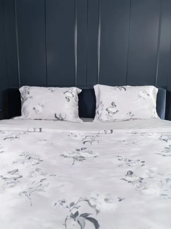 КПБ евро, тенсель 300 ТС, светло-серый, Цветы, Tencel, image-2