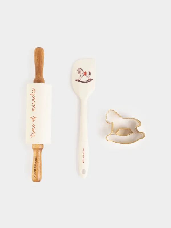 Набор для выпечки, 3 пр, скалка/лопатка/форма, силикон/дерево/сталь, Лошадка, Bakery gold, image-0