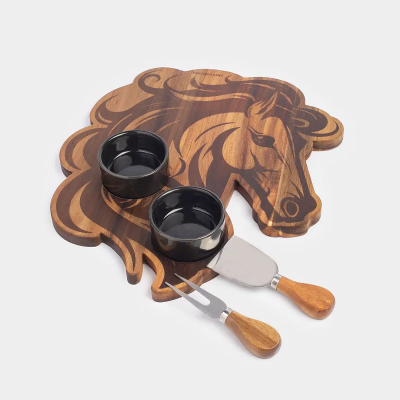 Набор для сыра, 5 пр, доска-блюдо/пиала, сталь/керамика/дерево, Лошадь, Noble tree