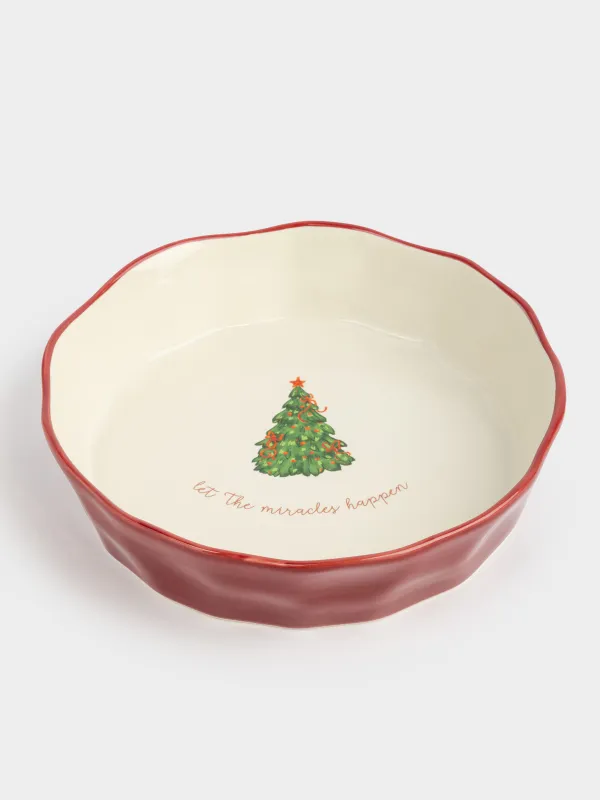 Форма для запекания, 23 см, керамика, круглая, бордовая, Елка, Christmas tree, image-1