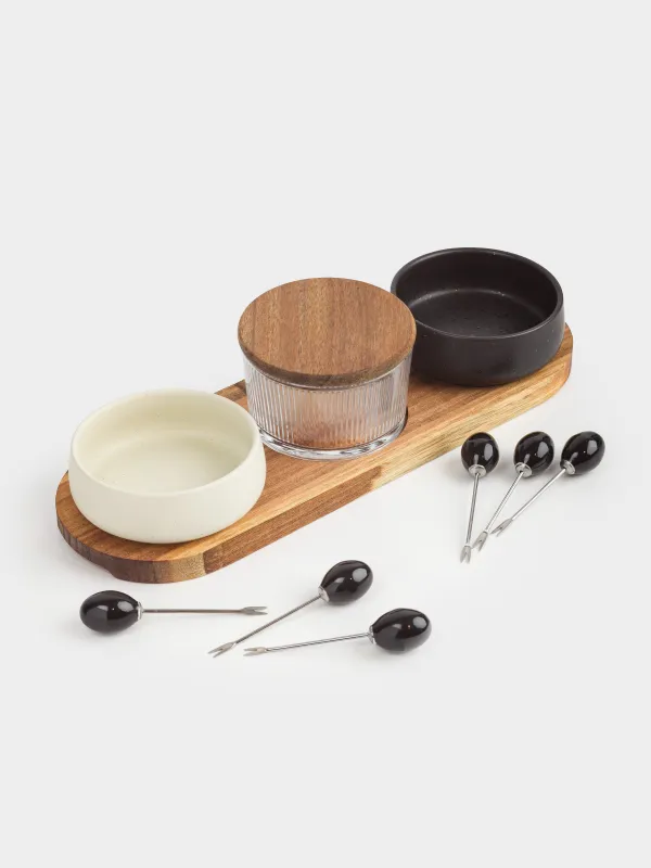 Набор для закусок, 3 пр, на подставке, со шпажками, керамика/стекло/дерево, черно-белый, Noble tree, image-0