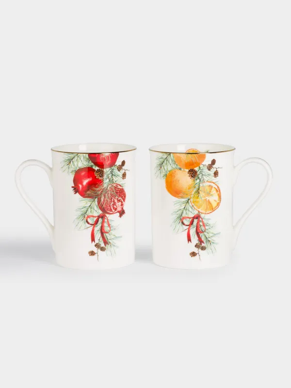 Кружка, 350 мл, 2 шт, фарфор F, белая, Апельсины/Гранаты, Christmas miracle, image-1