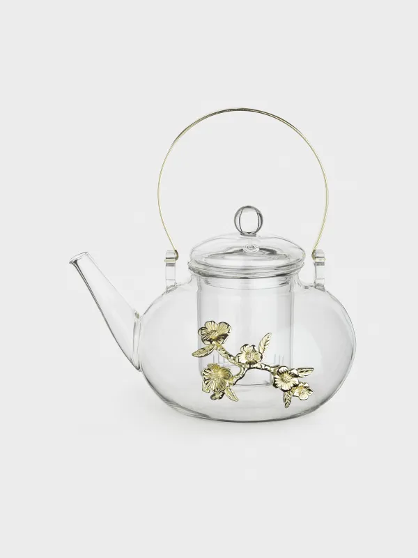 Чайник заварочный, 900 мл, стекло Б/металл, Золотистые цветы, Lux elements, image-0