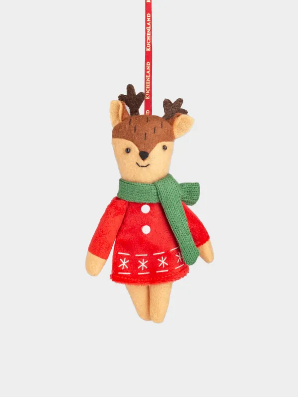 Игрушка елочная, 15 см, мягкая, полиэстер, бежево-красная, Олениха в платье, Deer christmas, image-0