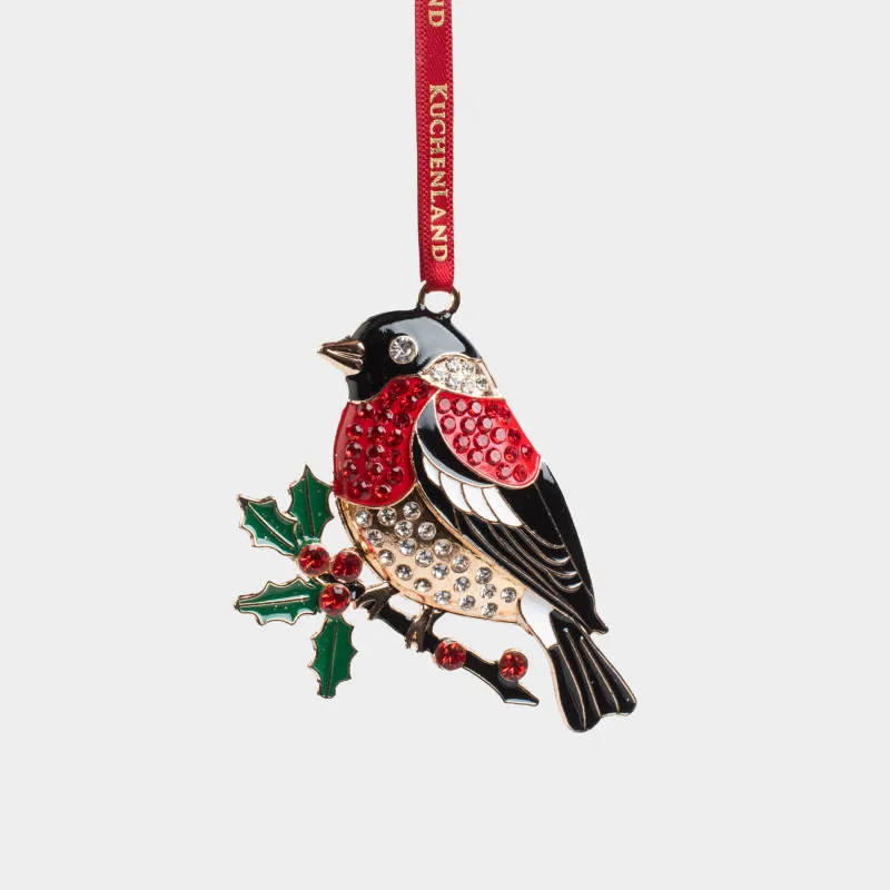 Игрушка елочная, 8 см, металл/стразы, зелено-красная, Снегирь на ветке, Figure christmas