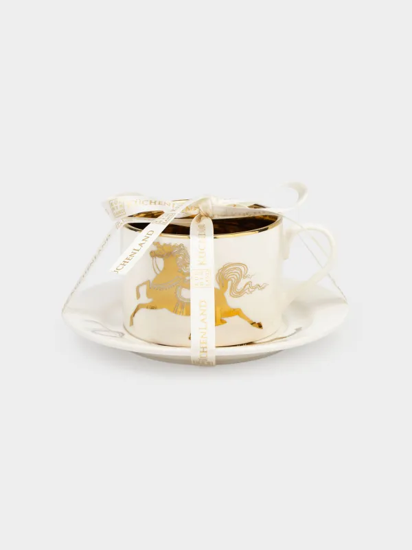 Пара чайная, 1 перс, 2 пр, 220 мл, фарфор N, бело-золотистая, Лошадь, Horse gold, image-5