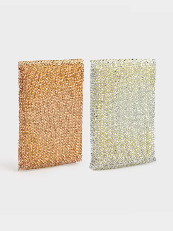 Губка для мытья посуды, 13х9 см, 2 шт, дакрон/поролон, золотистая/серебристая, Clean, image-0