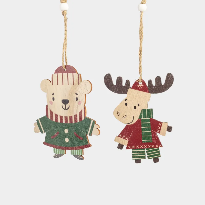 Набор елочных игрушек, 11 см, 2 шт, дерево/полиэстер, Мишка и олень, Figure wood