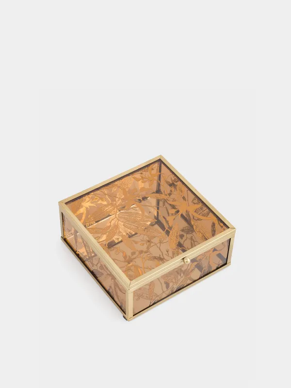 Шкатулка для украшений, 15х16 см, стекло/металл, золотистая, Листья, Collection, image-5