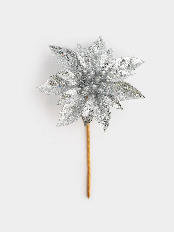 Украшение декоративное, 13 см, пластик, серебристое, Пуансеттия, Flower decor, image-0