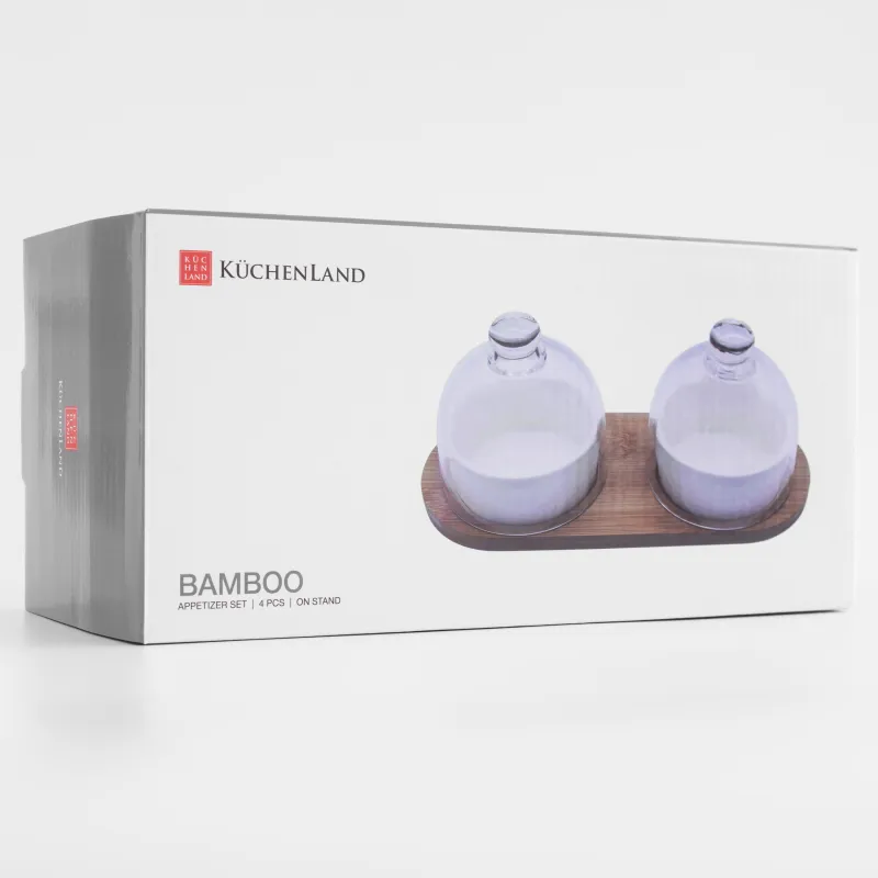 Набор для закусок, 4 пр, на подставке, керамика/бамбук, белый, Пиалы с крышкой, Bamboo, image-6