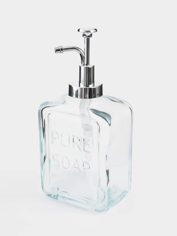 Диспенсер для жидкого мыла, 550 мл, стекло/пластик, серебристый, Pure soap, Clear title, image-1