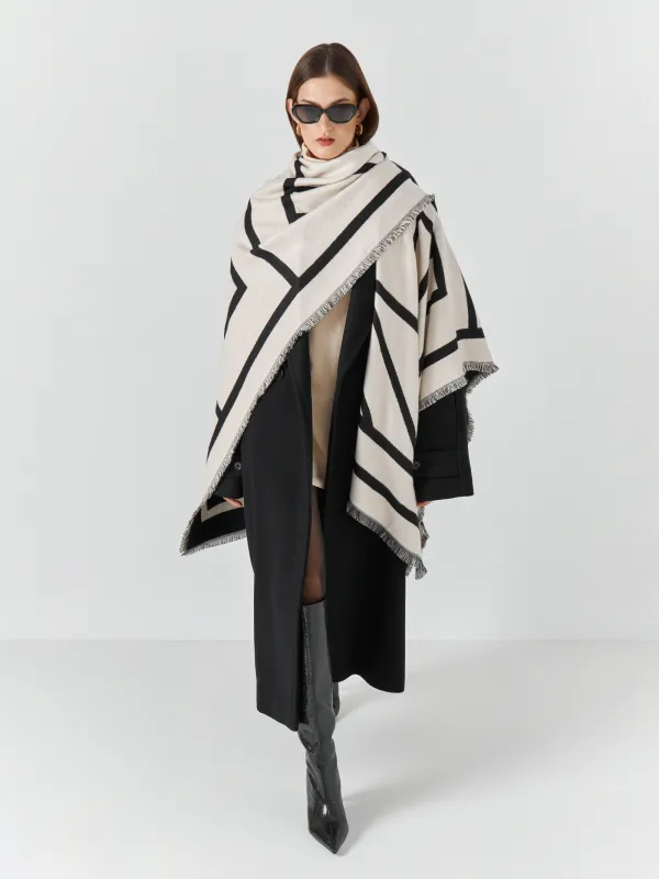 Пончо с бахромой, двустороннее, молочно-черное, Poncho, image-10