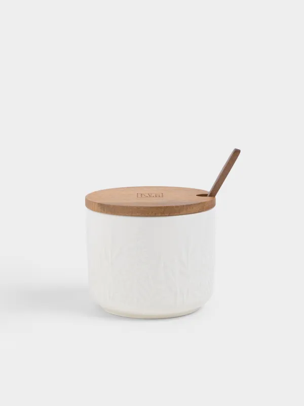 Сахарница, 10 см, 600 мл, с ложкой, керамика/дерево, молочная, Ветви, Forest ode, image-0