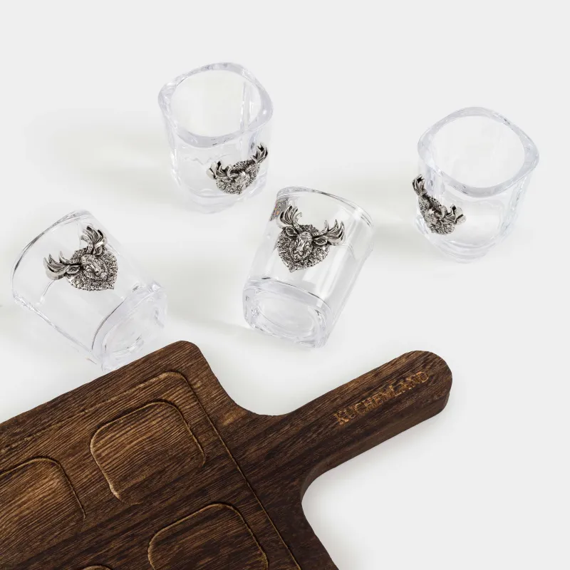 Стопка для водки, 60 мл, 4 шт, на подставке, стекло/металл/дерево, Лось, Lux elements decor, image-2