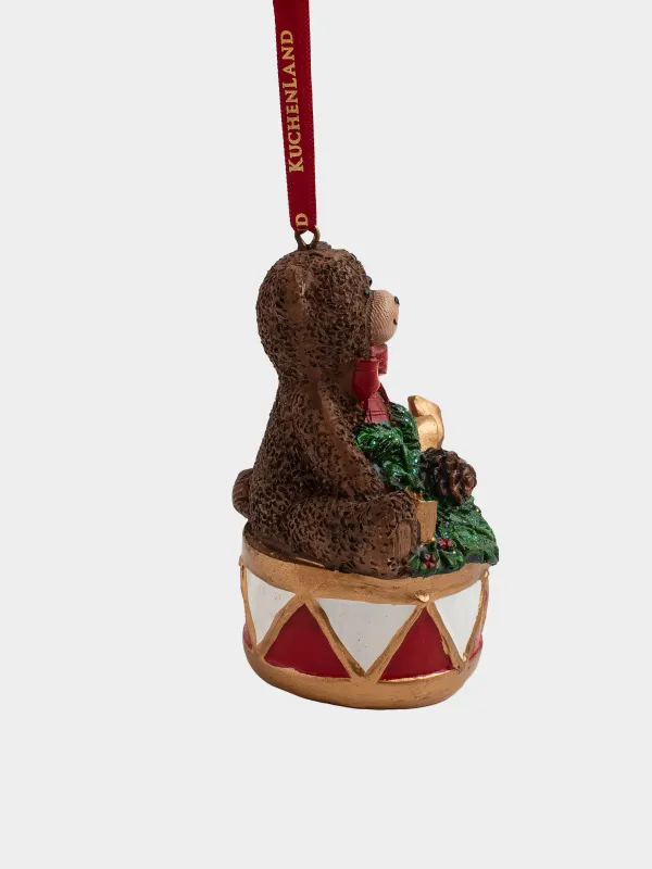 Игрушка елочная, 9 см, полирезин, коричневая, Медведь с барабаном, Figure christmas, image-1