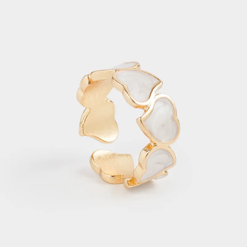 Кольцо, р. S-M, единый размер, металл/акрил, золотисто-бежевое, Сердца, Jewelry heart