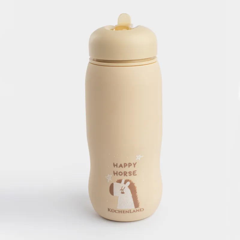 Бутылка-поильник, детская, 450 мл, с ремешком, силикон/пластик, бежевая, Лошадка, Kiddy