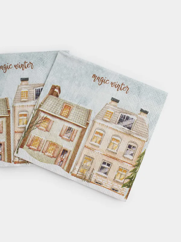 Салфетки бумажные, 21х21 см, 20 шт, квадратные, бежево-голубые, Дома, House built, image-3