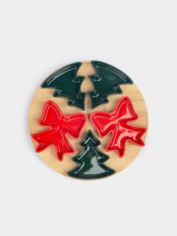 Набор для закусок, 5 пр, вращающийся, на подставке, керамика/бамбук, Ели и банты, Bamboo, image-1