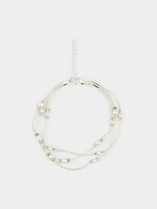 Браслет, 18 см, тройной, металл/пластик, серебристый, Бусины, Pearl, image-0