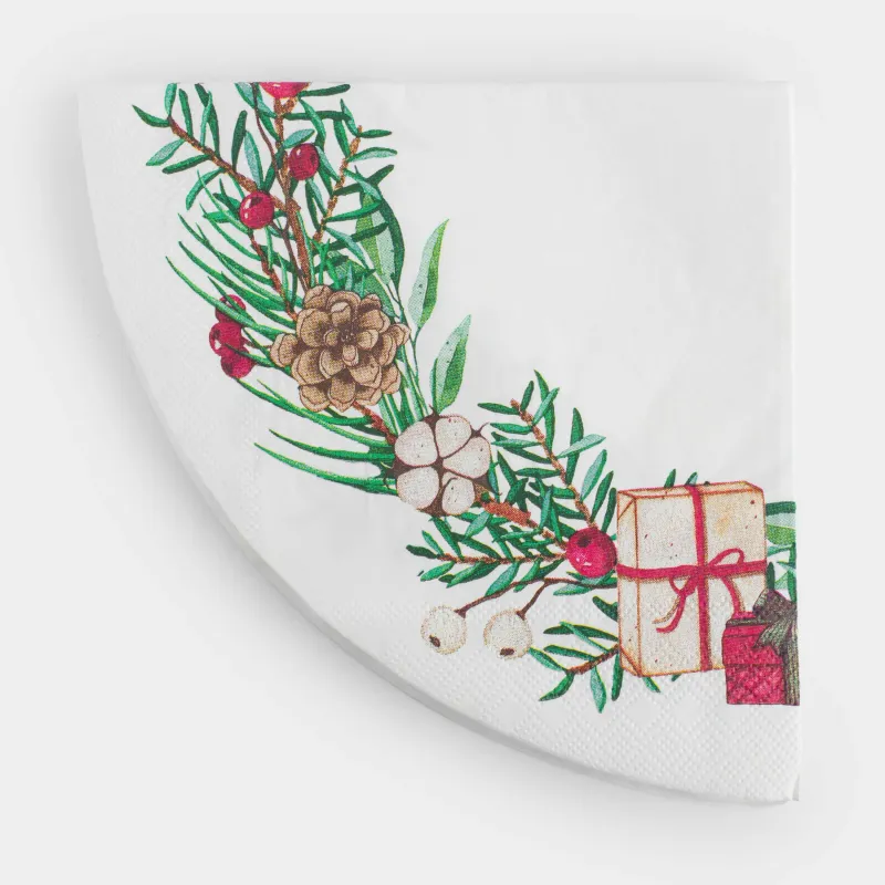 Салфетки бумажные, 33х33 см, 20 шт, круглые, белые, Шишки и ягоды на ветке, Christmas green, image-0