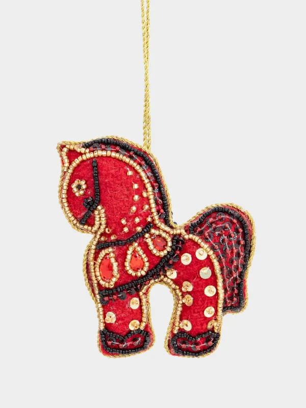 Игрушка елочная, 10 см, бисер/полифилл, красно-золотистая, Лошадка, Beads figure, image-0