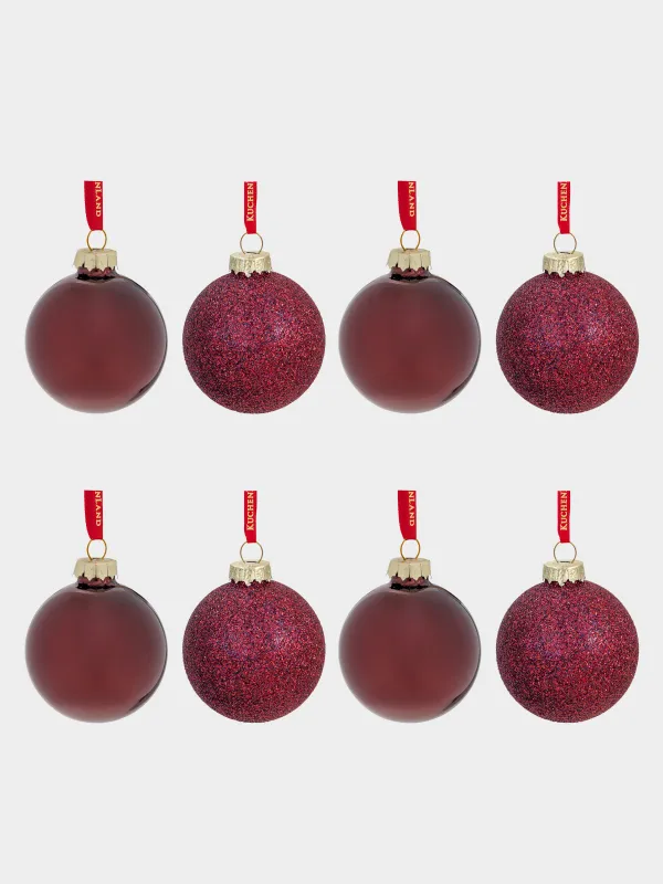 Набор елочных игрушек, 4 см, 8 шт, стекло, с блестками, бордовый, Шар, Ball sparkle, image-0