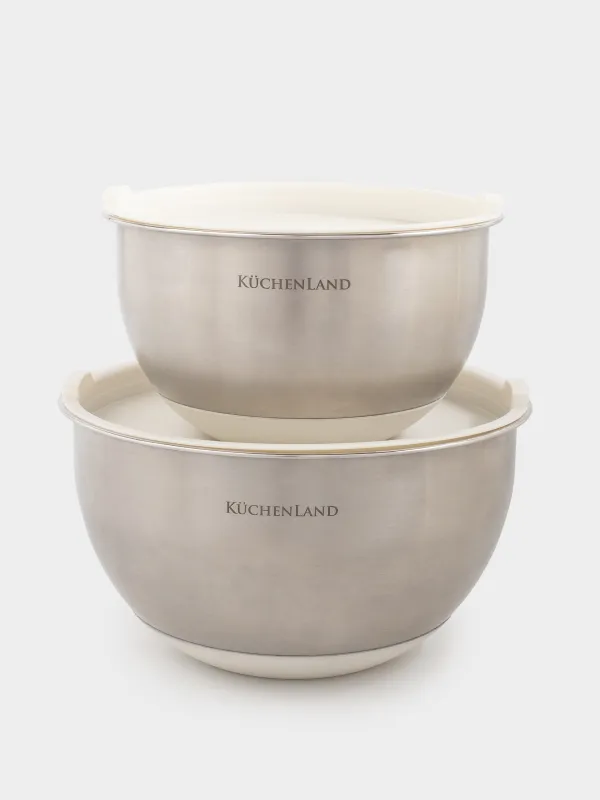 Миска, 1,25/2,5 л, 2 шт, с крышкой, антискользящее дно, сталь/пластик, бежевая, Terra, image-0