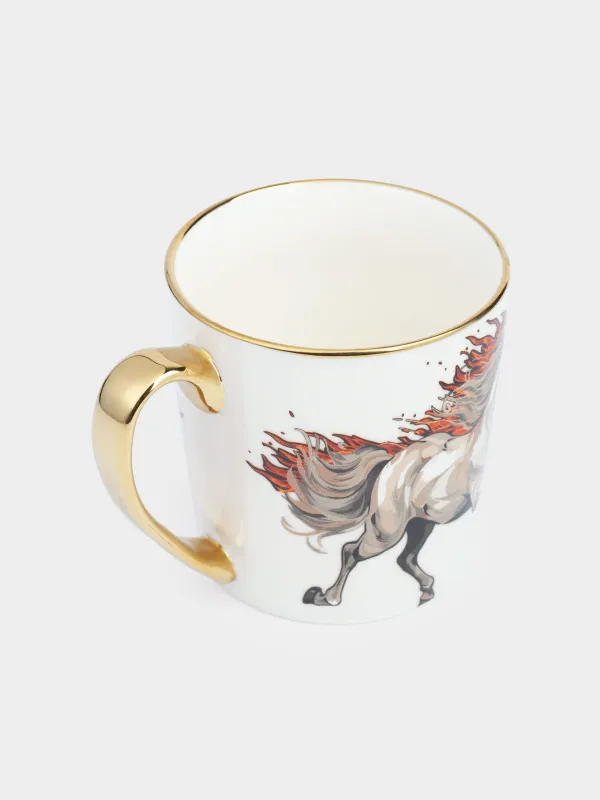 Кружка, 500 мл, фарфор N, бело-золотистая, Огненный конь, Fiery horse, image-1